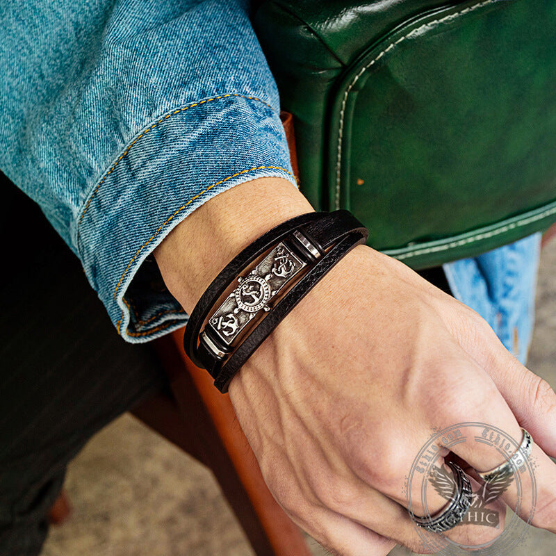 Rudder Anchor Stainless Steel Leather Bracelet