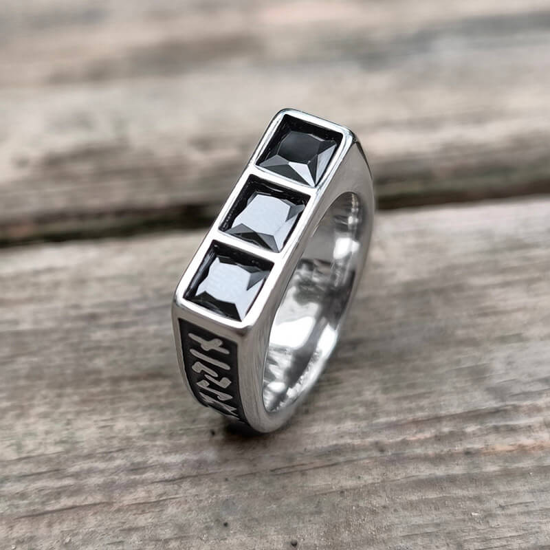 Runes 3-Stone CZ Zircon Stainless Steel Ring