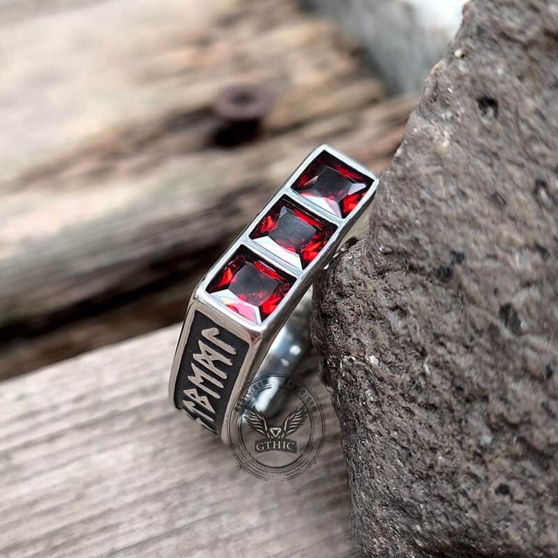 Runes 3-Stone CZ Zircon Stainless Steel Ring