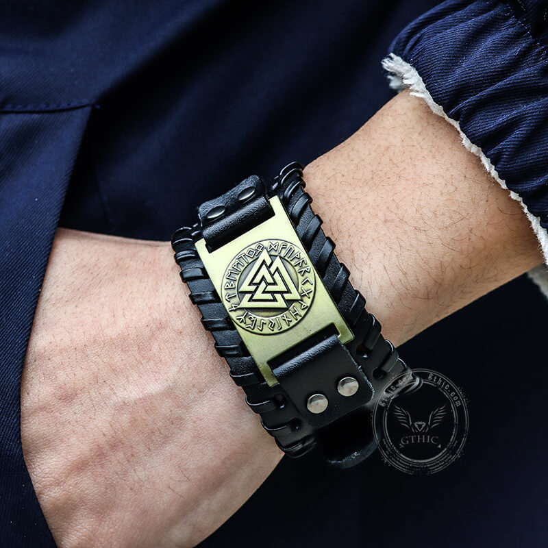 Runes Valknut Wristband Alloy Leather Viking Bracelet