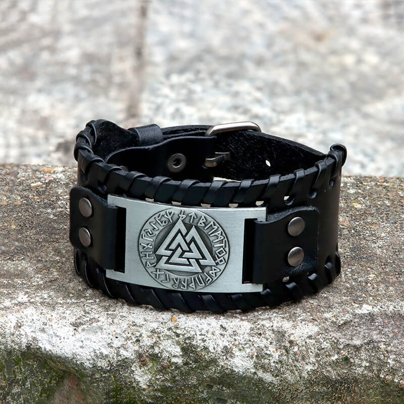 Runes Valknut Wristband Alloy Leather Viking Bracelet