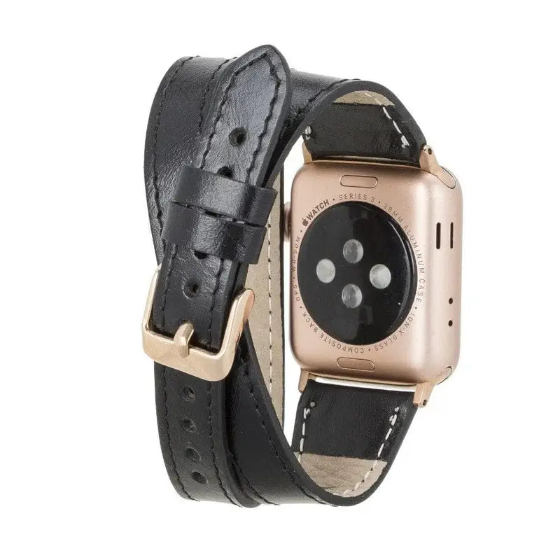 Luxury Double Wrap Black Leather Apple Watch Band - San Diego