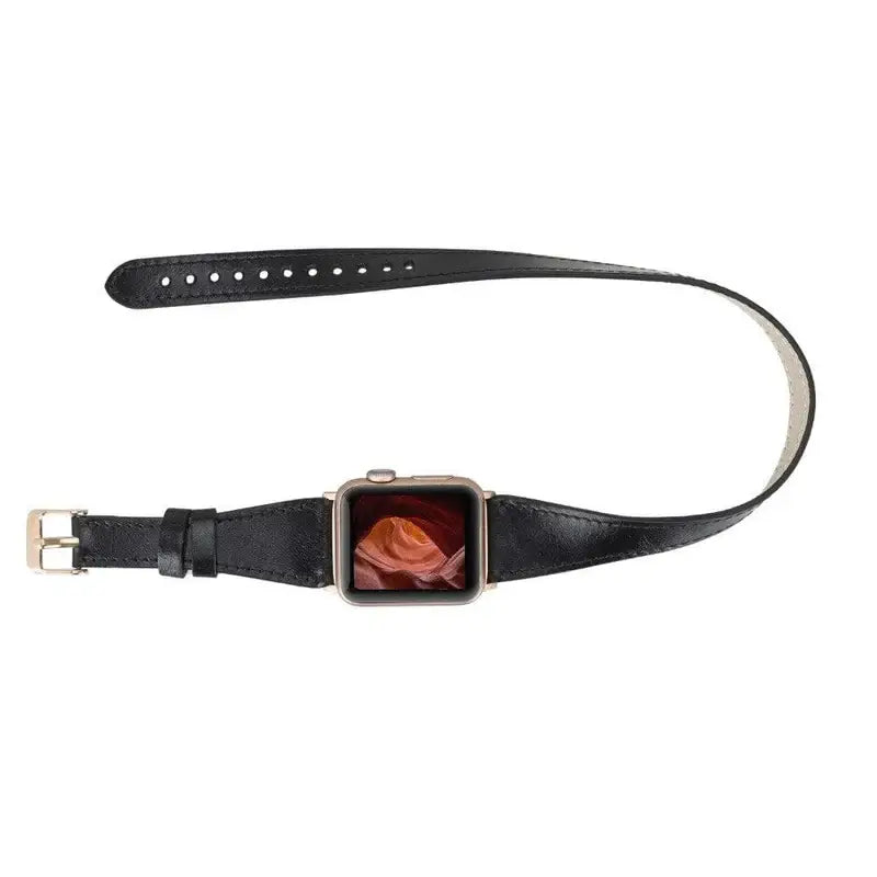 Luxury Double Wrap Black Leather Apple Watch Band - San Diego
