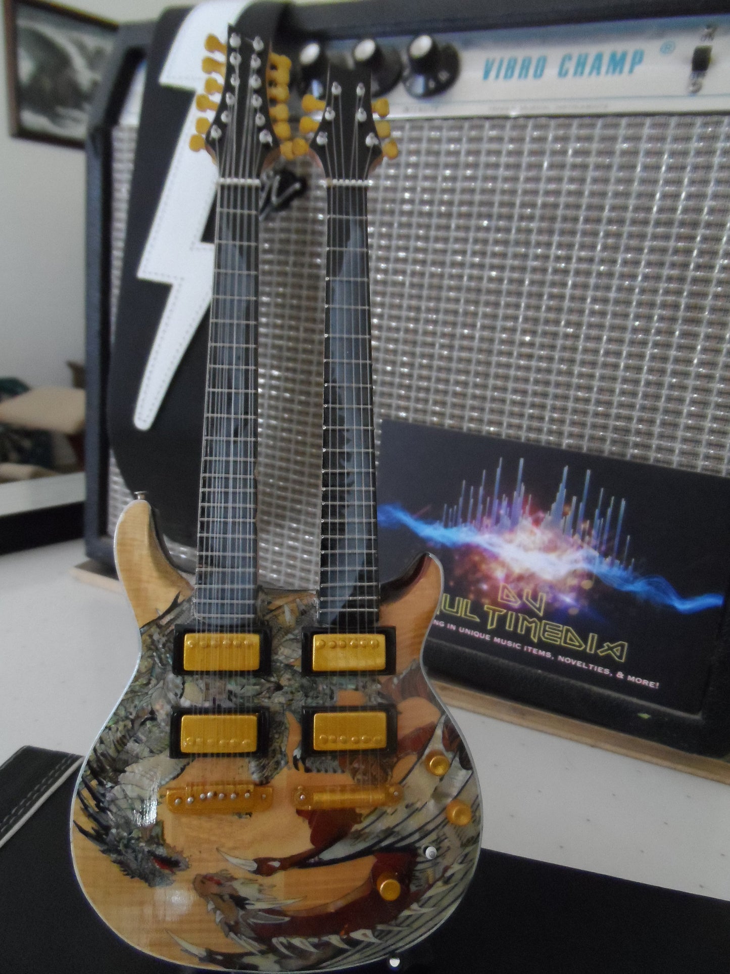 SANTANA - PRS Yellow Dragon Double Neck Sig Custom 1:4 Scale Replica Guitar~New~