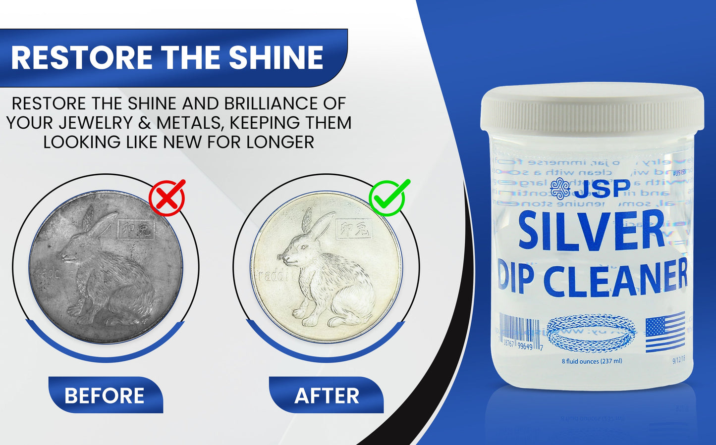 JSP Sterling Silver Dip Cleaner Tarnish Remover 925 Jewelry Cleaning Solution 8oz