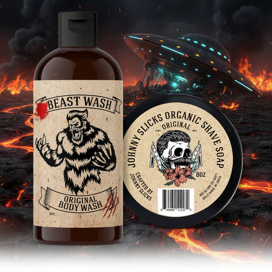 Two grooming products, 'Beast Wash' and 'Johnny Slicks Organic Shave Soap', on a white background.

