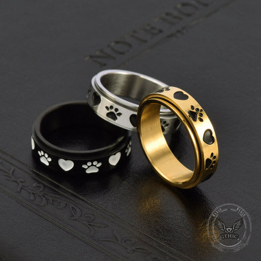 Simple Heart Dog Paw Stainless Steel Spinner Ring