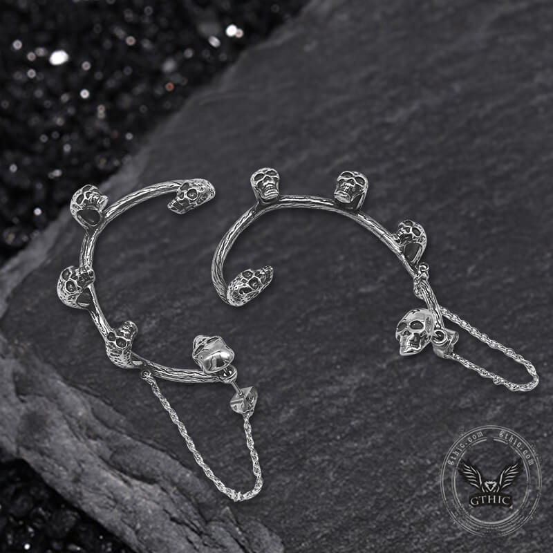 Skull Heads Stainless Steel Ear Cuffs Chain Earrings