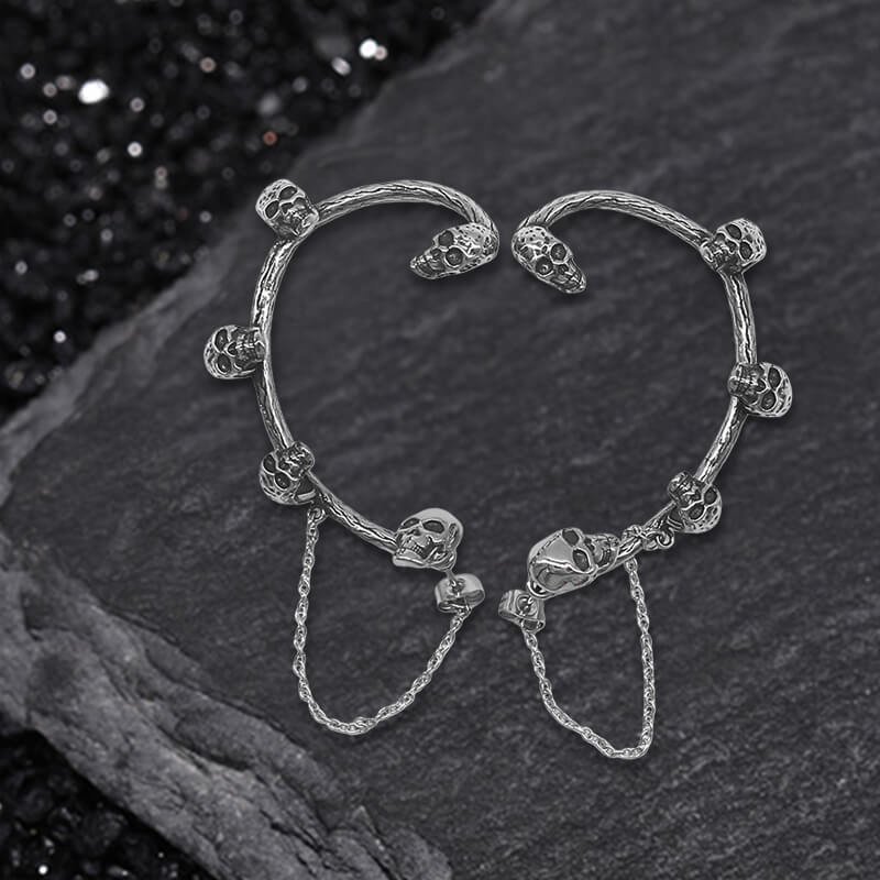 Skull Heads Stainless Steel Ear Cuffs Chain Earrings