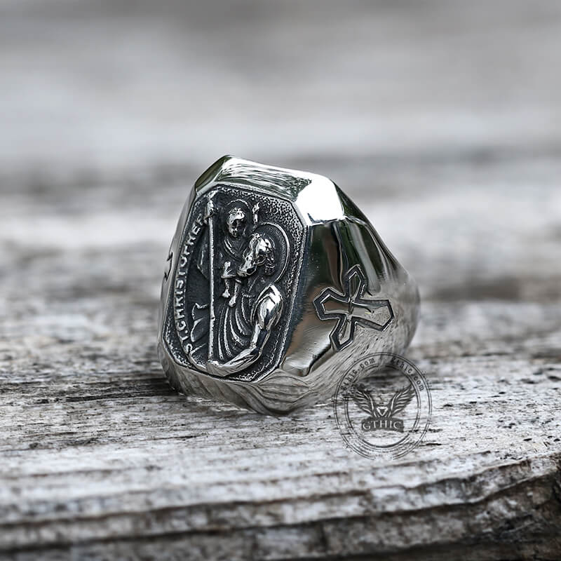 St Christopher Protect Us Stainless Steel Ring