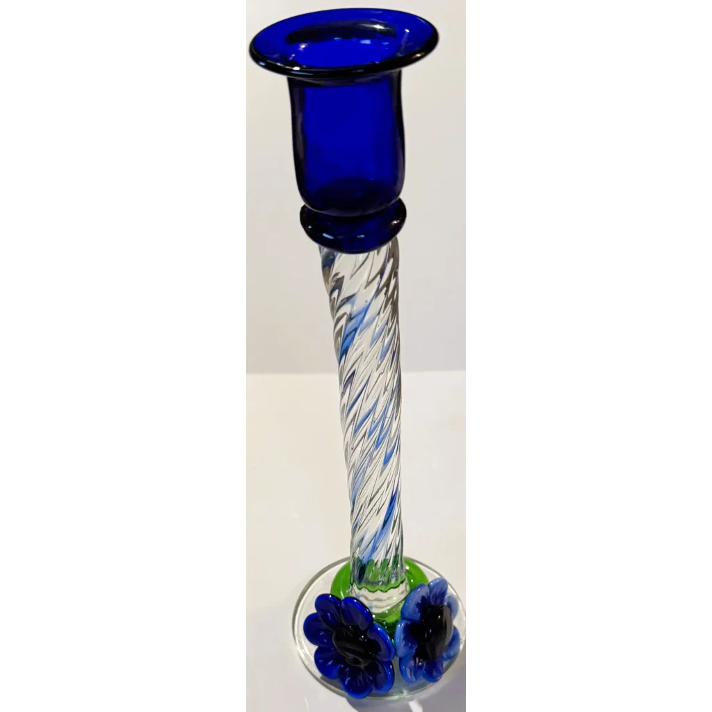 Stunning Blue Art Glass Candlesticks with Twisted Stems and Flowers