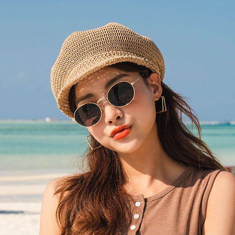 Summer Fashion Cap Straw Women Cap Adjustable Beret Mesh Breathable Berets Women Autumn Winter Hat Retro Pure Color Beanie Outdoor Beige Hat 56-58cm