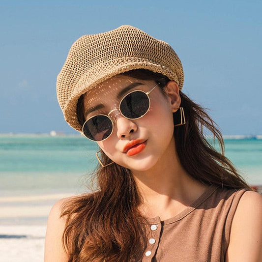 Summer Fashion Cap Straw Women Cap Adjustable Beret Mesh Breathable Berets Women Autumn Winter Hat Retro Pure Color Beanie Outdoor Beige Hat 56-58cm