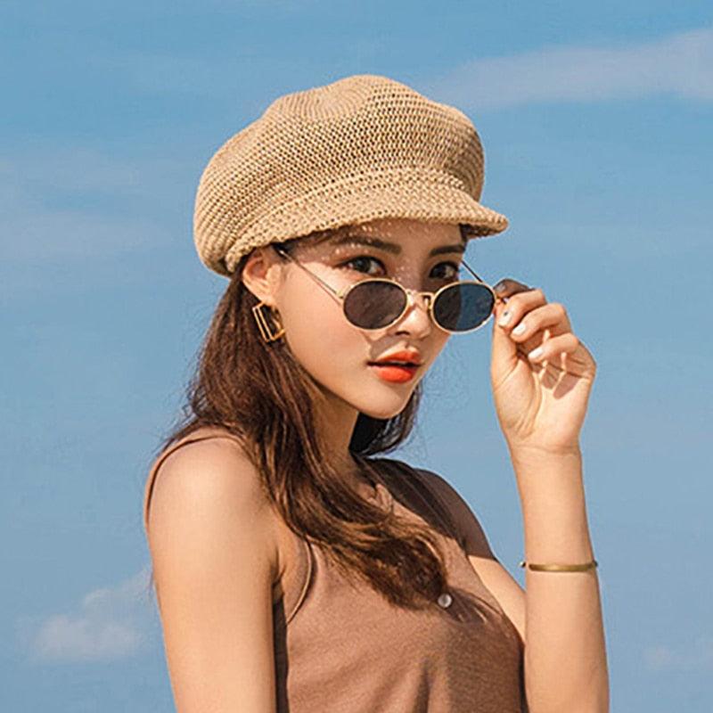 Summer Fashion Cap Straw Women Cap Adjustable Beret Mesh Breathable Berets Women Autumn Winter Hat Retro Pure Color Beanie Outdoor Beige Hat 56-58cm