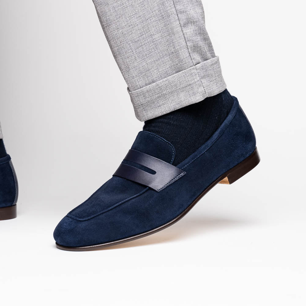 16-672-NVY Tippa Suede & Calfskin Penny Loafers Navy