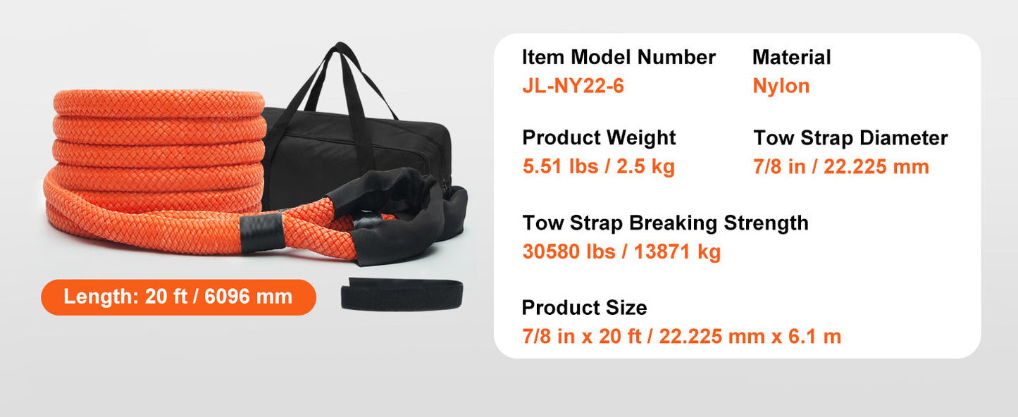 SucceBuy 20/30ft Car Towing Rope Off Road Snatch Tow Strap Rescue Recovery Resistant Which Rope for Jeep Car Truck ATV Tractor