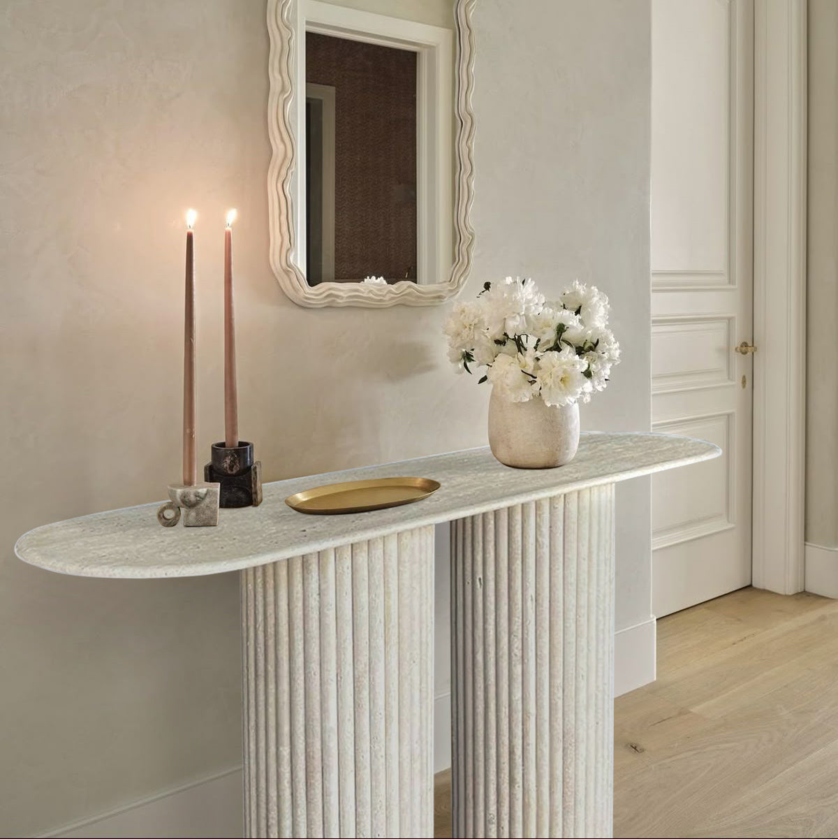 Troia Light Travertine Fluted Legs Designer Console