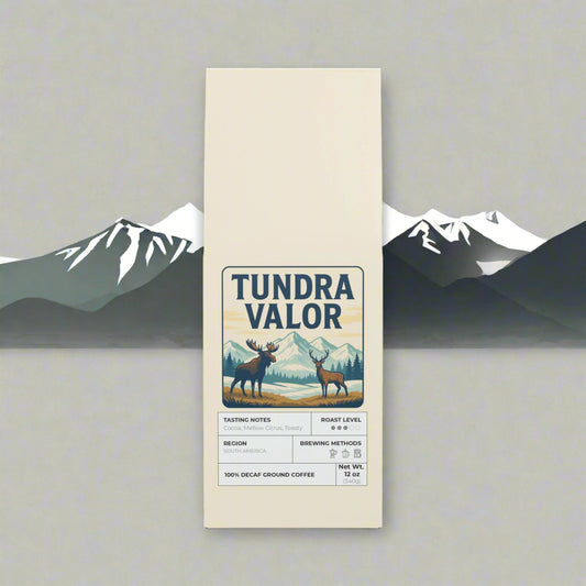 Tundra Valor coffee package with a design of two deer and mountains on a white background