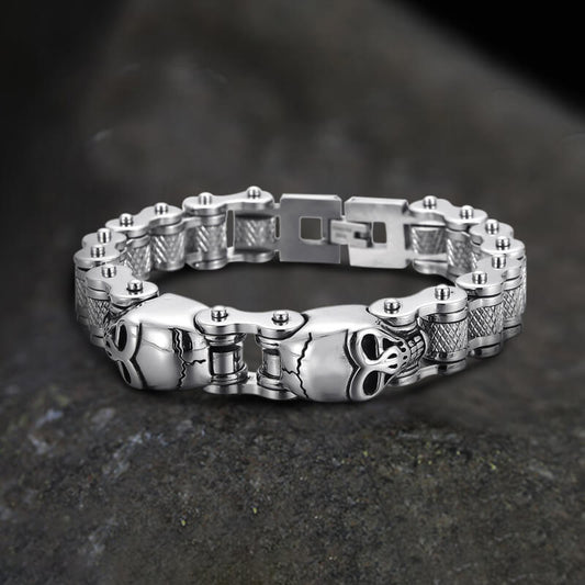 Two Skulls Stainless Steel Biker Bracelet
