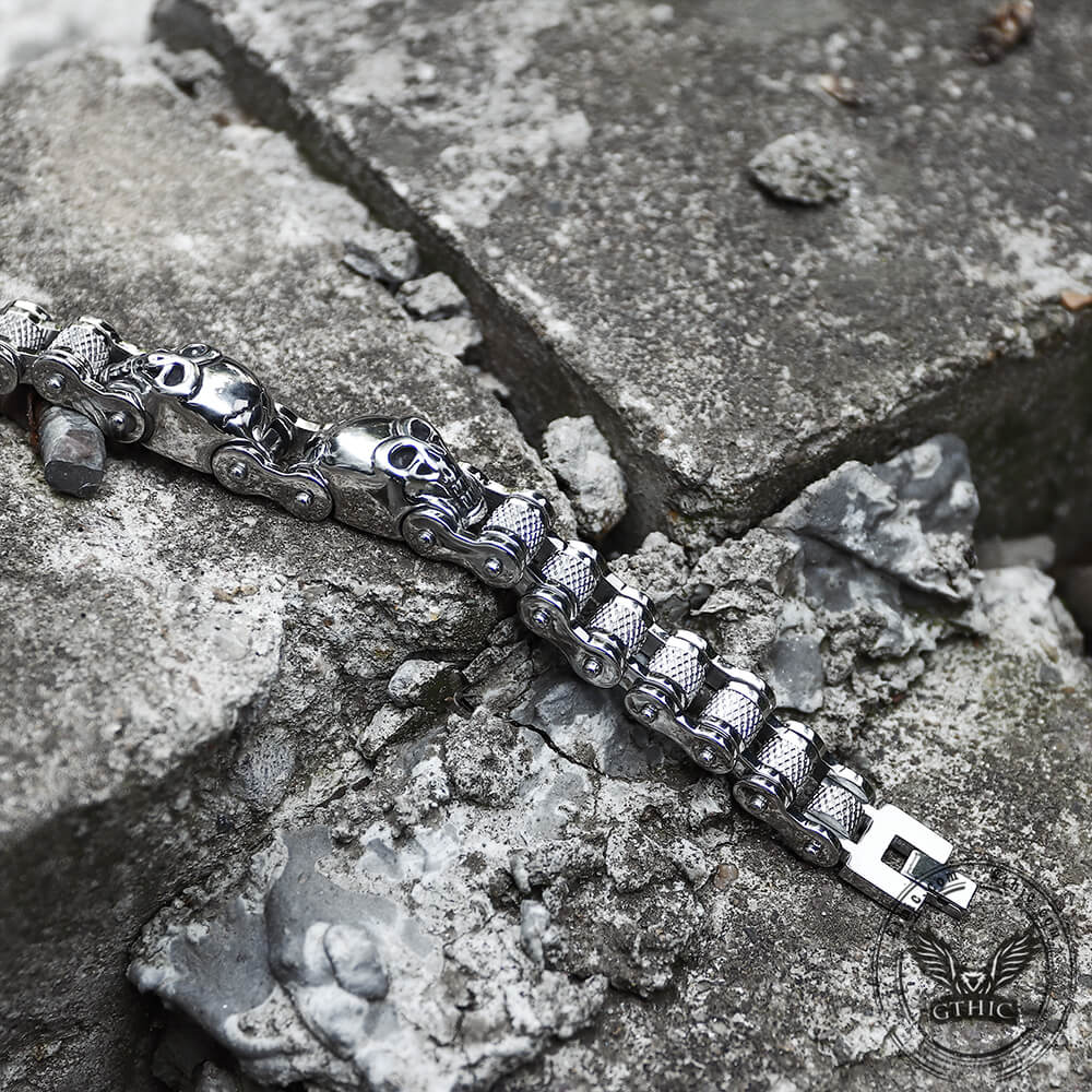 Two Skulls Stainless Steel Biker Bracelet