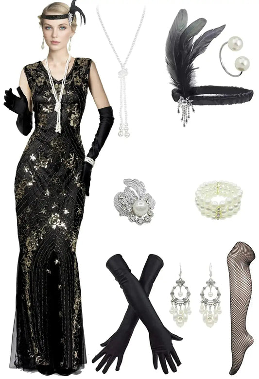 1920s Great Gatsby Flapper Dresses 20s Vintage Sequin Evening Dresses w/Accessories Set Black Gold