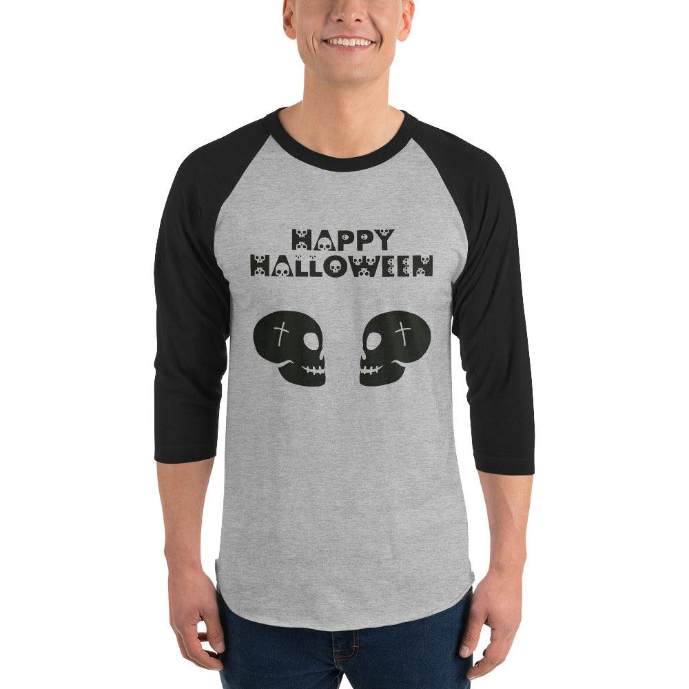 Happy Halloween in Skulls Font with 2 Facing Black Skulls 3/4 sleeve raglan shirt - Lizard Vigilante