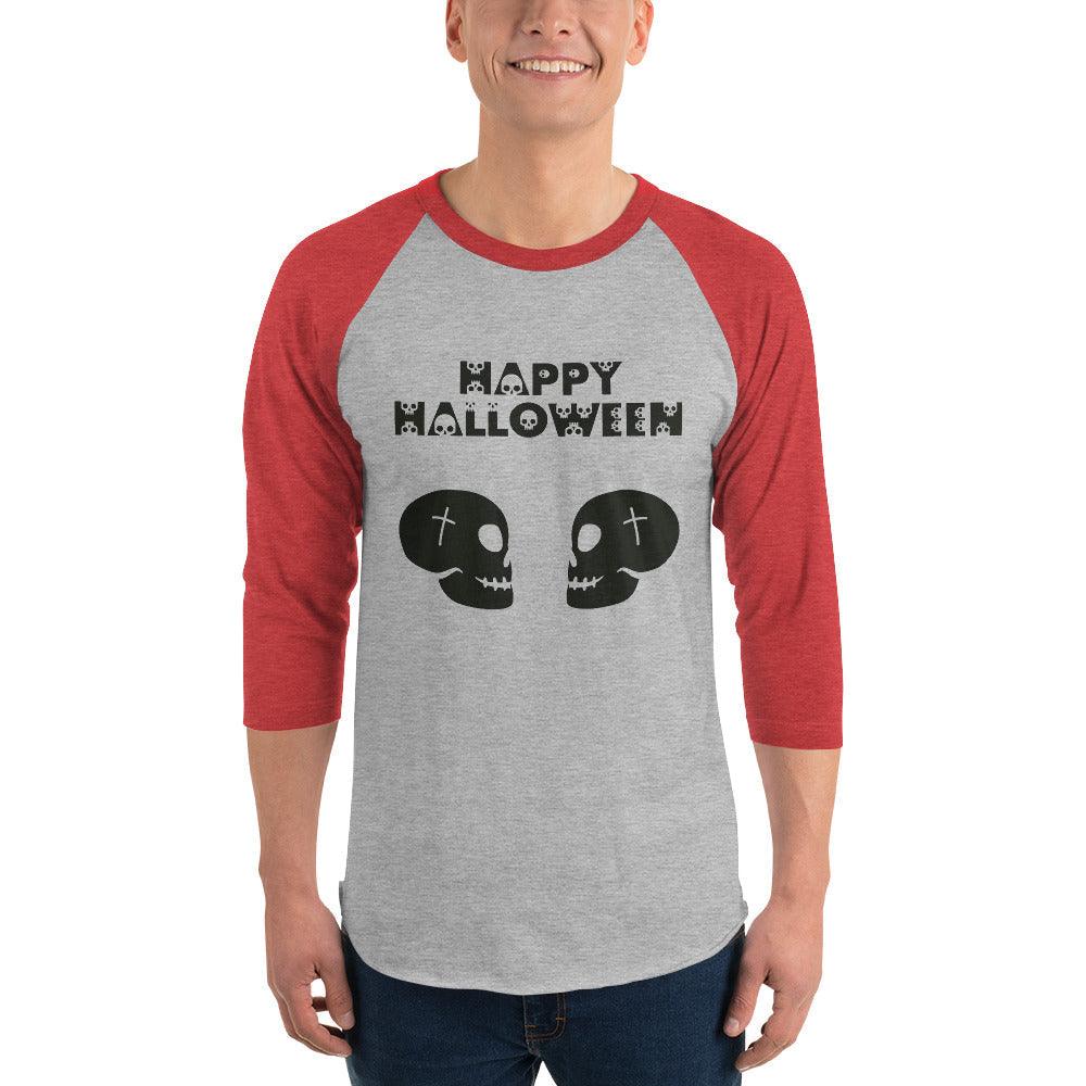 Happy Halloween in Skulls Font with 2 Facing Black Skulls 3/4 sleeve raglan shirt - Lizard Vigilante