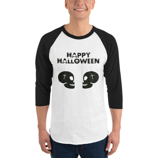 Happy Halloween in Skulls Font with 2 Facing Black Skulls 3/4 sleeve raglan shirt - Lizard Vigilante