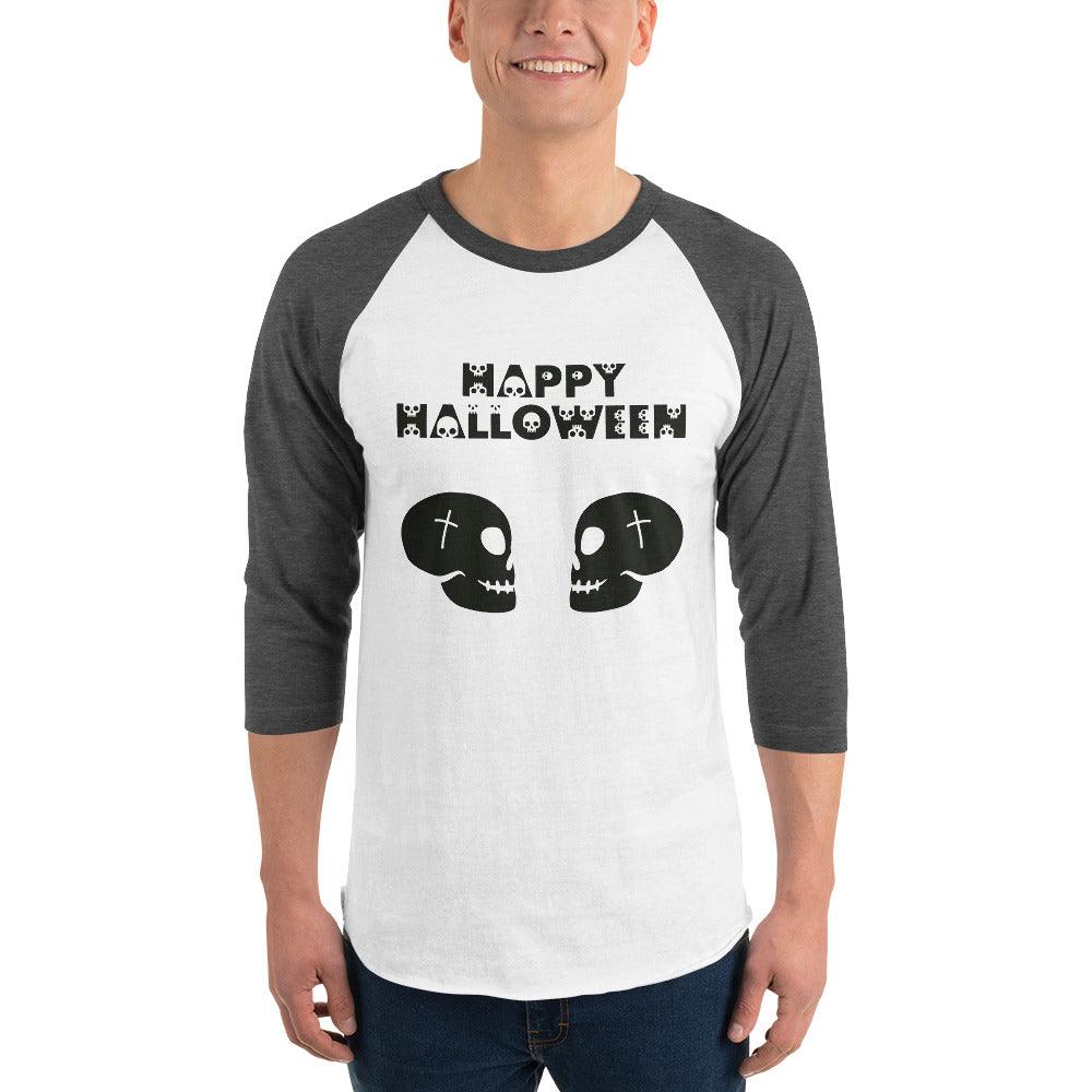 Happy Halloween in Skulls Font with 2 Facing Black Skulls 3/4 sleeve raglan shirt - Lizard Vigilante