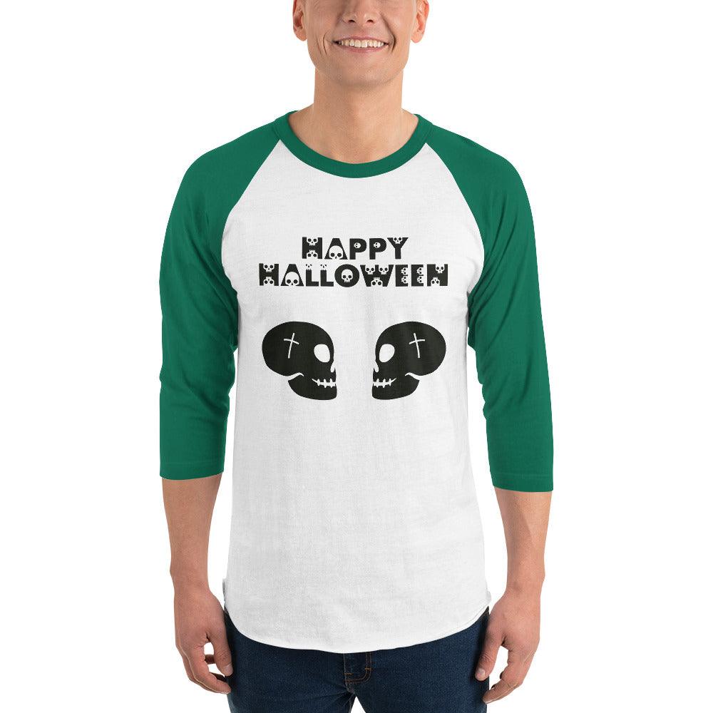 Happy Halloween in Skulls Font with 2 Facing Black Skulls 3/4 sleeve raglan shirt - Lizard Vigilante