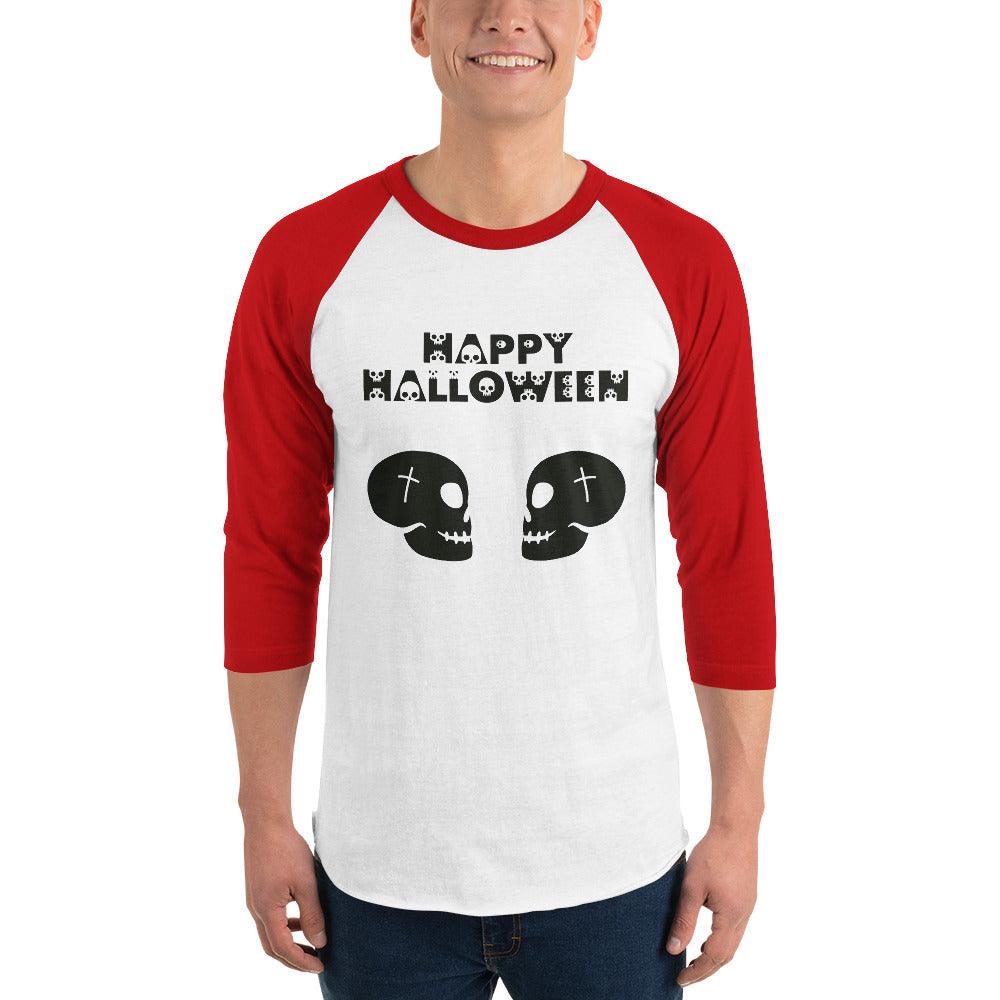 Happy Halloween in Skulls Font with 2 Facing Black Skulls 3/4 sleeve raglan shirt - Lizard Vigilante