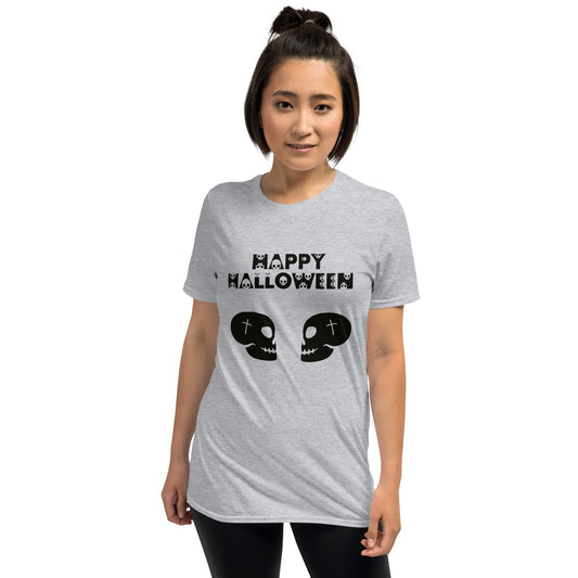 Happy Halloween in Skulls Font and 2 Facing Off Black Skulls Short-Sleeve Unisex T-Shirt - Lizard Vigilante