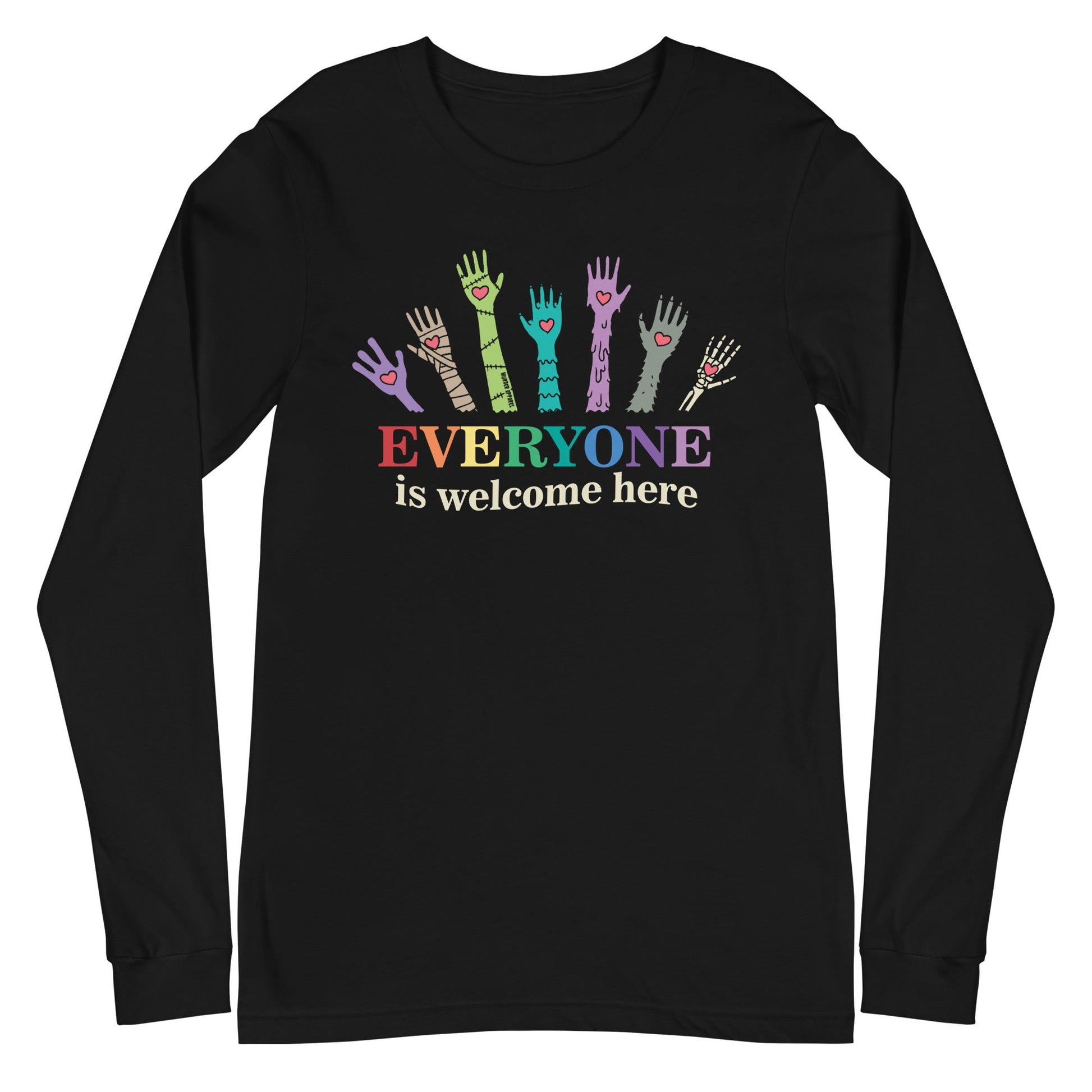 Black long-sleeve shirt with colorful hands and 'Everyone is welcome here' text on a white background