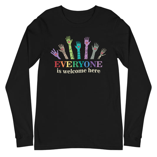 Black long-sleeve shirt with colorful hands and 'Everyone is welcome here' text on a white background