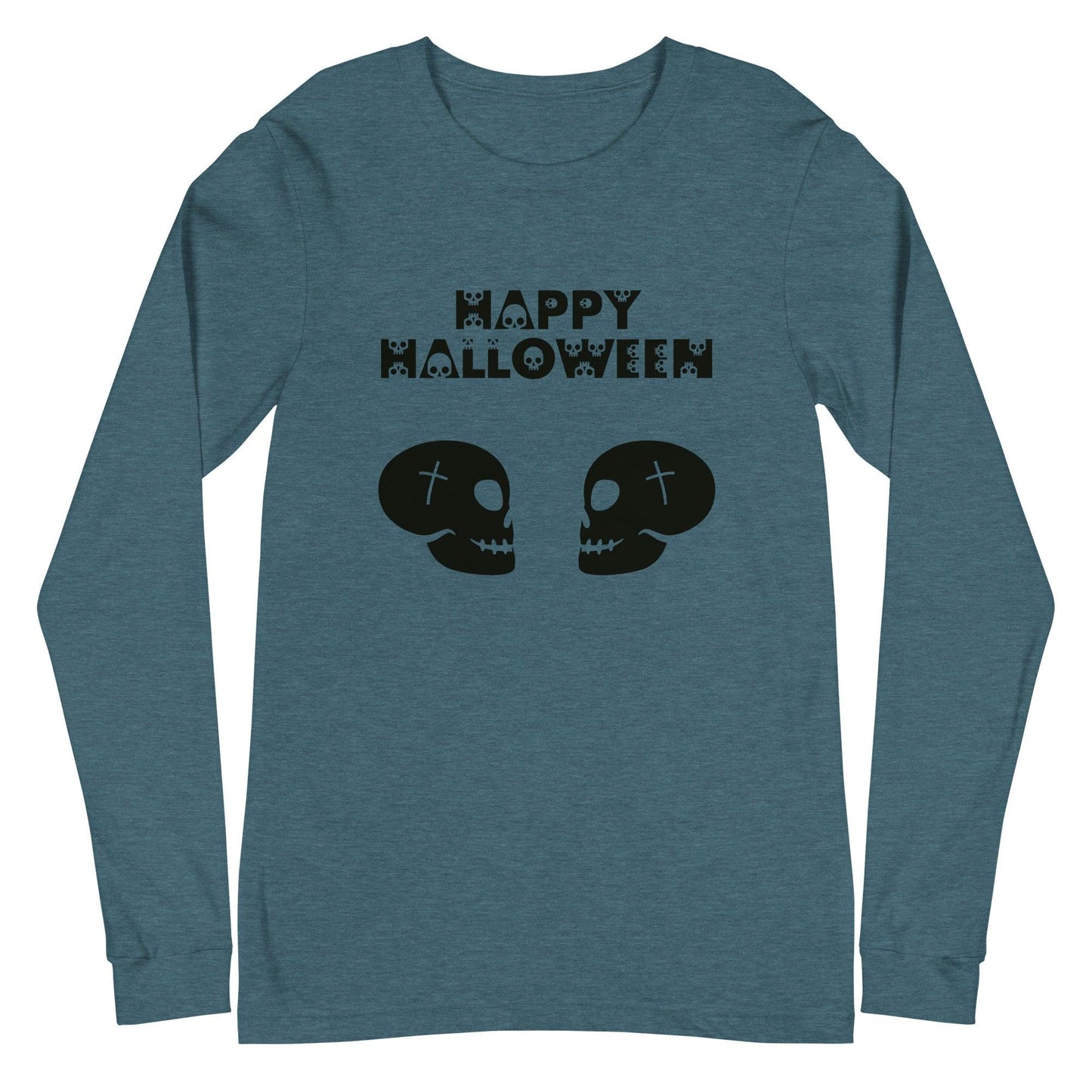 Happy Halloween in Skulls Font with 2 Facing Black Skulls Unisex Long Sleeve Tee - Lizard Vigilante