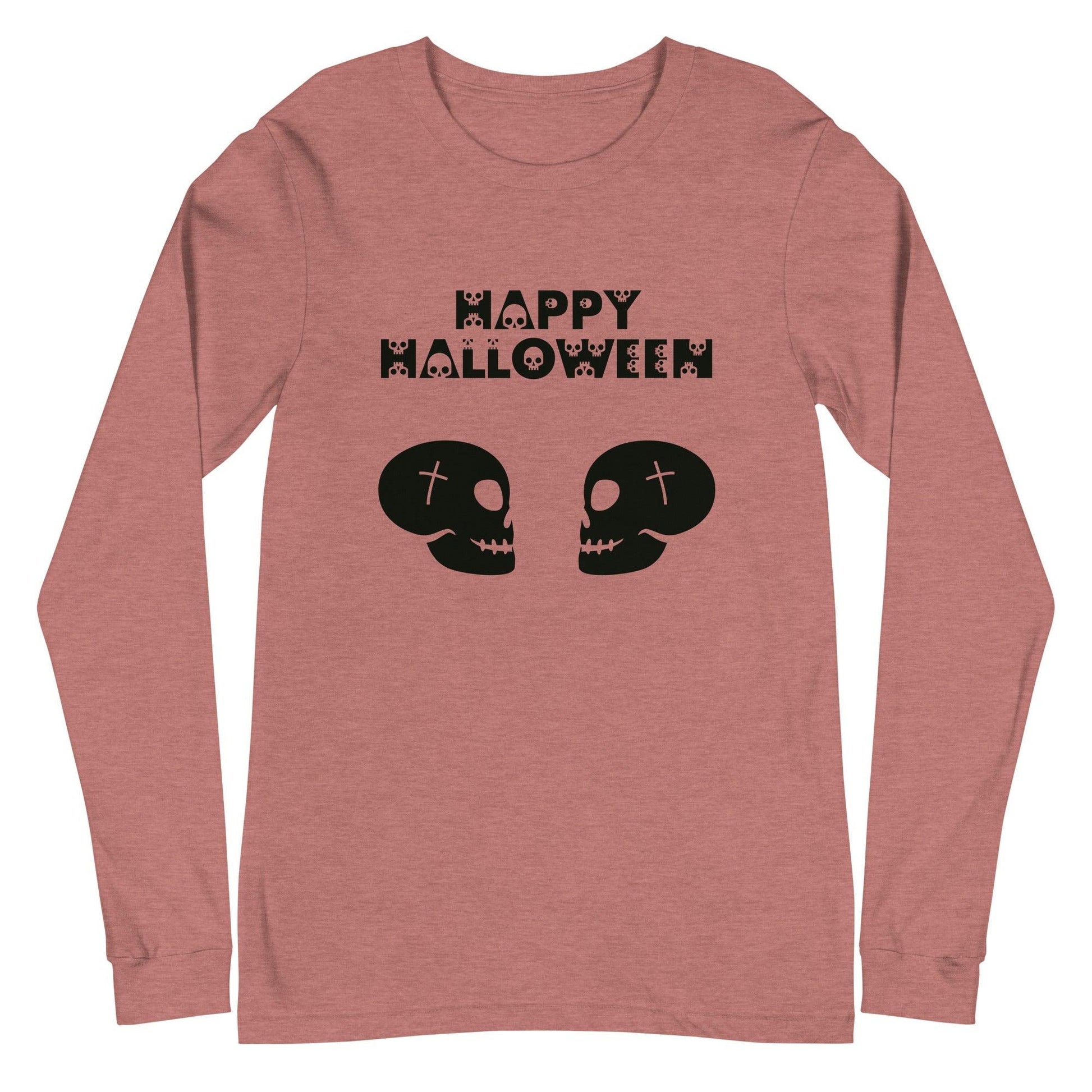 Happy Halloween in Skulls Font with 2 Facing Black Skulls Unisex Long Sleeve Tee - Lizard Vigilante