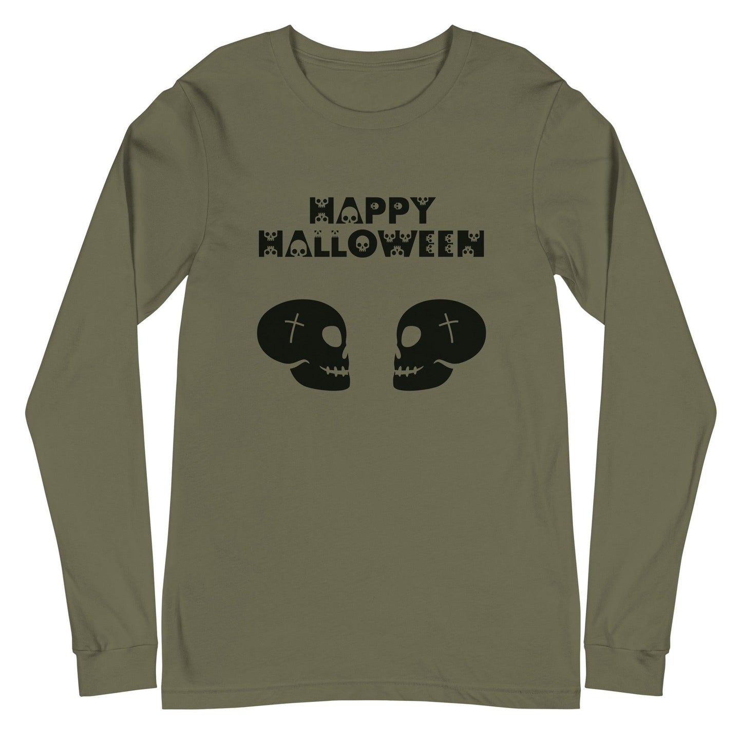 Happy Halloween in Skulls Font with 2 Facing Black Skulls Unisex Long Sleeve Tee - Lizard Vigilante