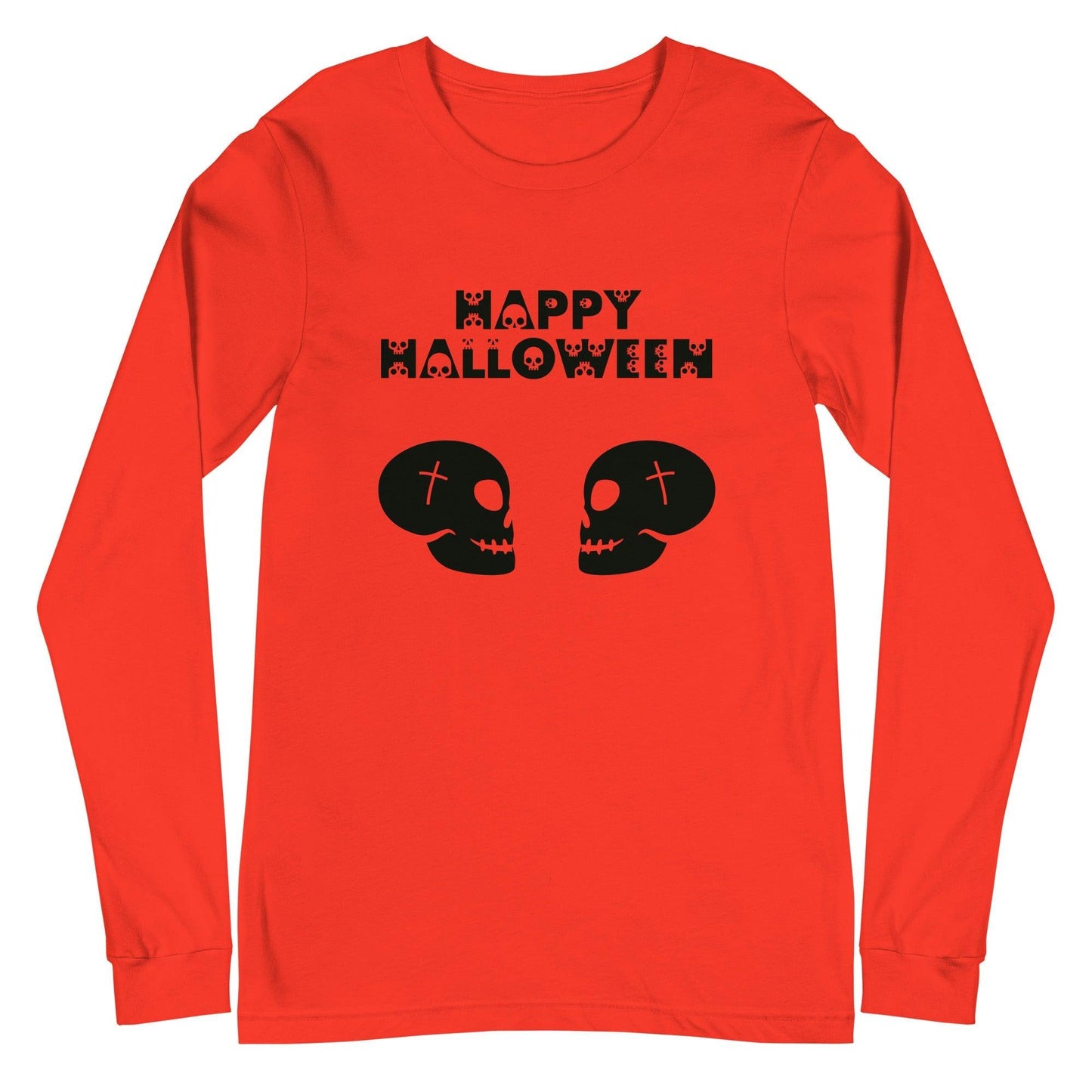 Happy Halloween in Skulls Font with 2 Facing Black Skulls Unisex Long Sleeve Tee - Lizard Vigilante