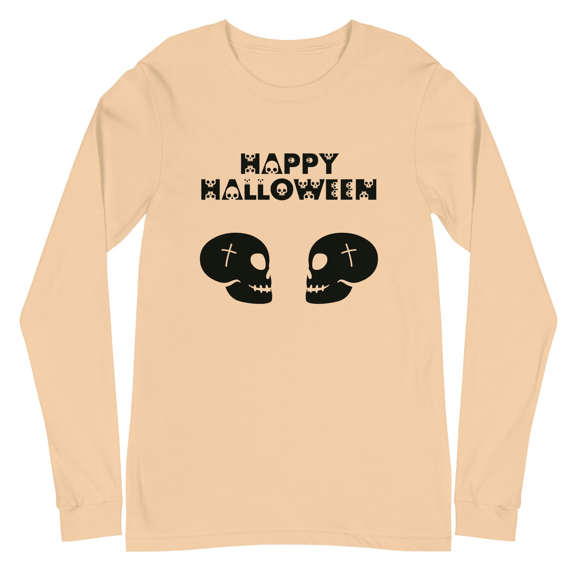 Happy Halloween in Skulls Font with 2 Facing Black Skulls Unisex Long Sleeve Tee - Lizard Vigilante
