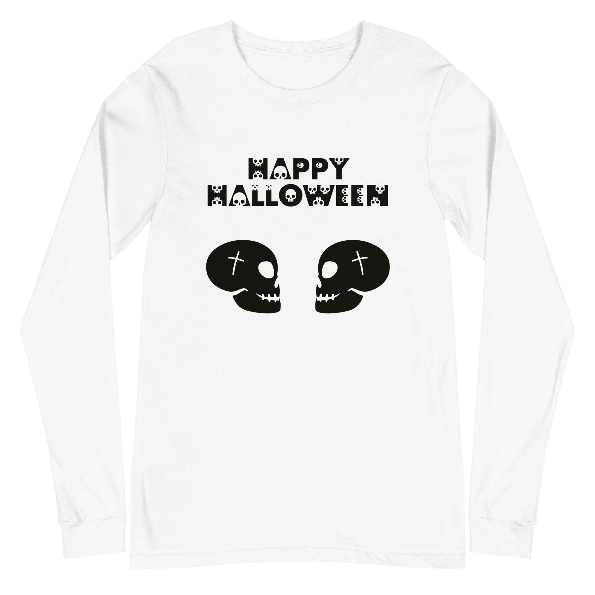 Happy Halloween in Skulls Font with 2 Facing Black Skulls Unisex Long Sleeve Tee - Lizard Vigilante