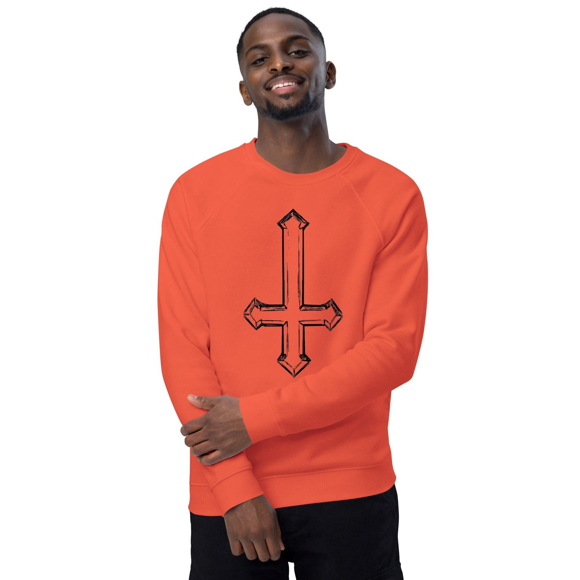 Upside Down Cross Sketch Unisex organic raglan sweatshirt - Lizard Vigilante