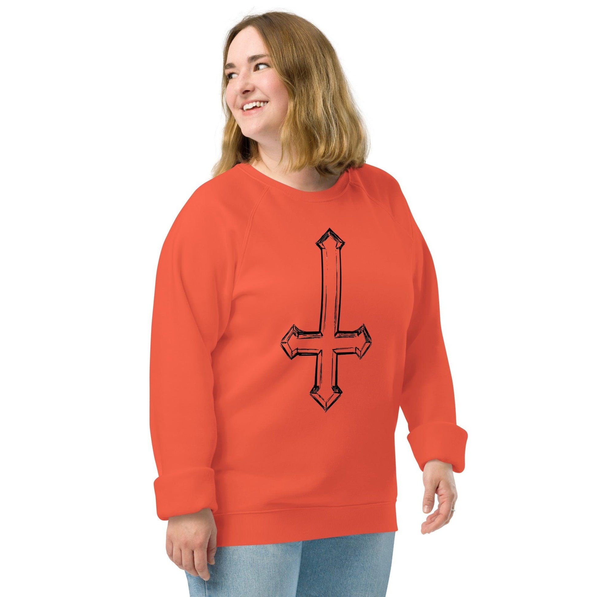 Upside Down Cross Sketch Unisex organic raglan sweatshirt - Lizard Vigilante