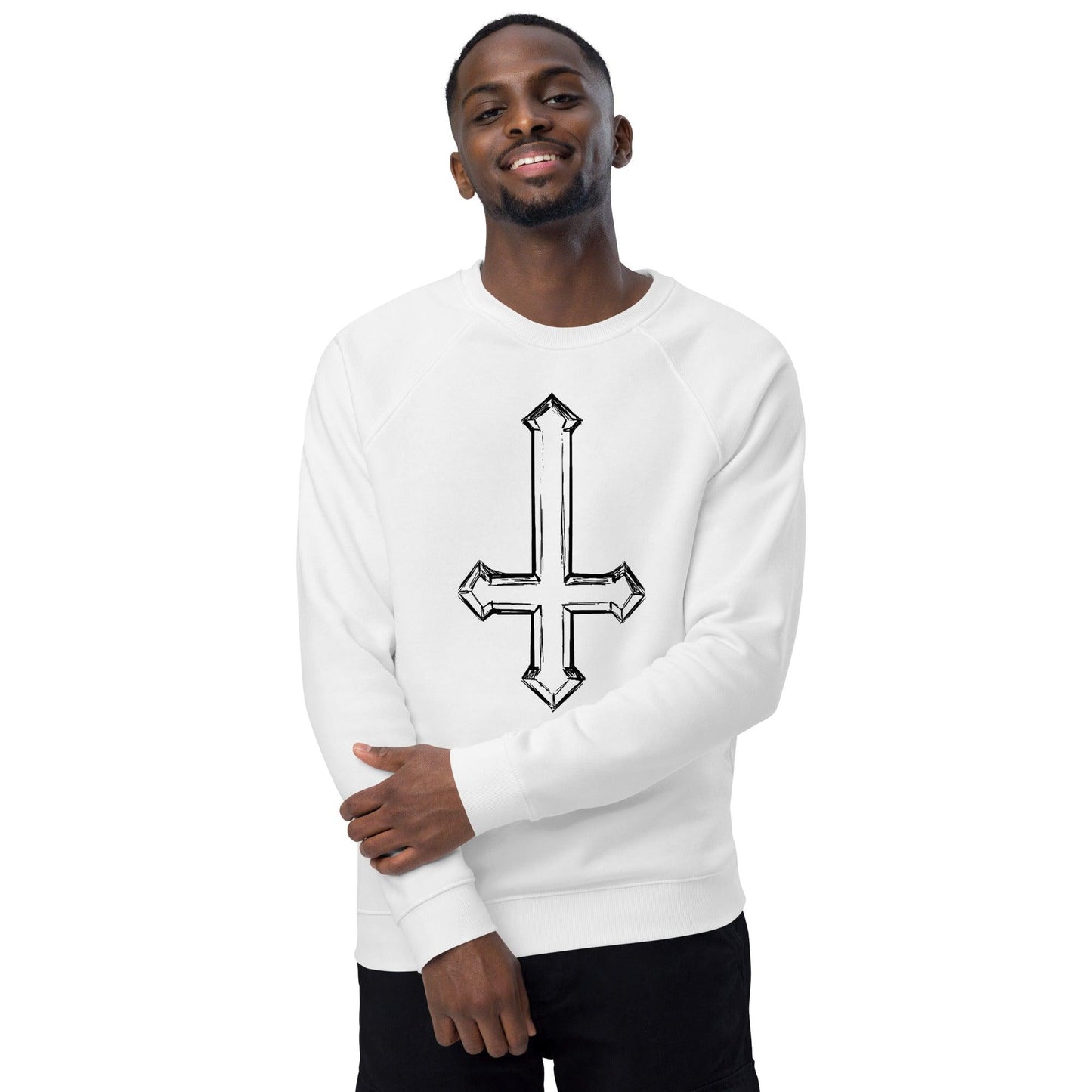 Upside Down Cross Sketch Unisex organic raglan sweatshirt - Lizard Vigilante