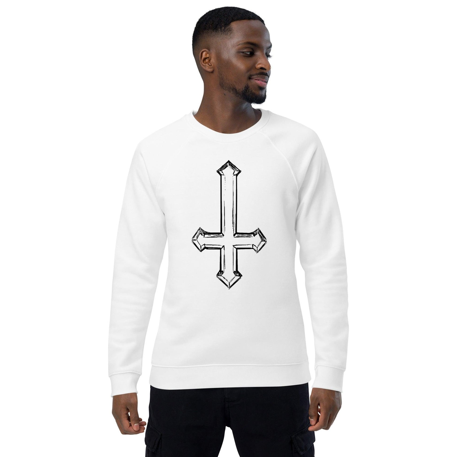 Upside Down Cross Sketch Unisex organic raglan sweatshirt - Lizard Vigilante