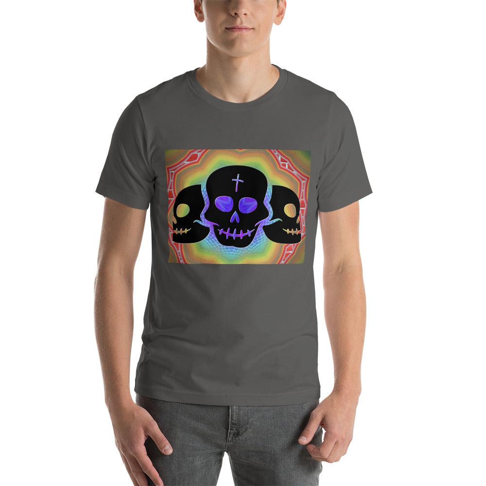 Three Black Skulls on a Colorful Background Unisex tee t-shirt - Lizard Vigilante