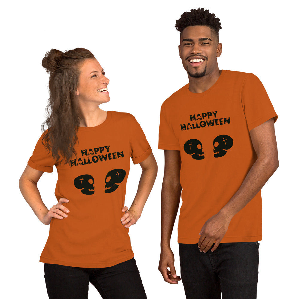 Happy Halloween in Skulls Font With 2 Facing Black Skulls Unisex t-shirt - Lizard Vigilante