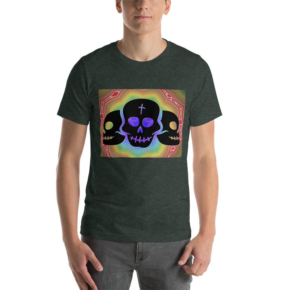 Three Black Skulls on a Colorful Background Unisex tee t-shirt - Lizard Vigilante