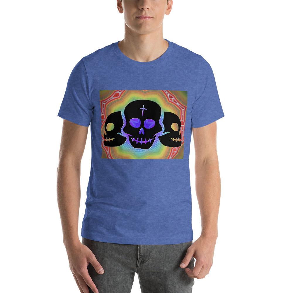 Three Black Skulls on a Colorful Background Unisex tee t-shirt - Lizard Vigilante