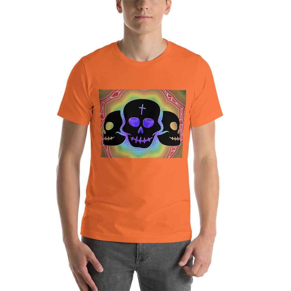 Three Black Skulls on a Colorful Background Unisex tee t-shirt - Lizard Vigilante