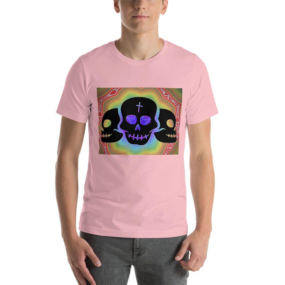 Three Black Skulls on a Colorful Background Unisex tee t-shirt - Lizard Vigilante